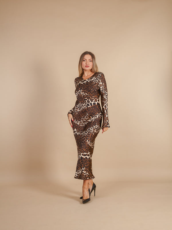 Vestito lungo elegante raso animalier Jodie