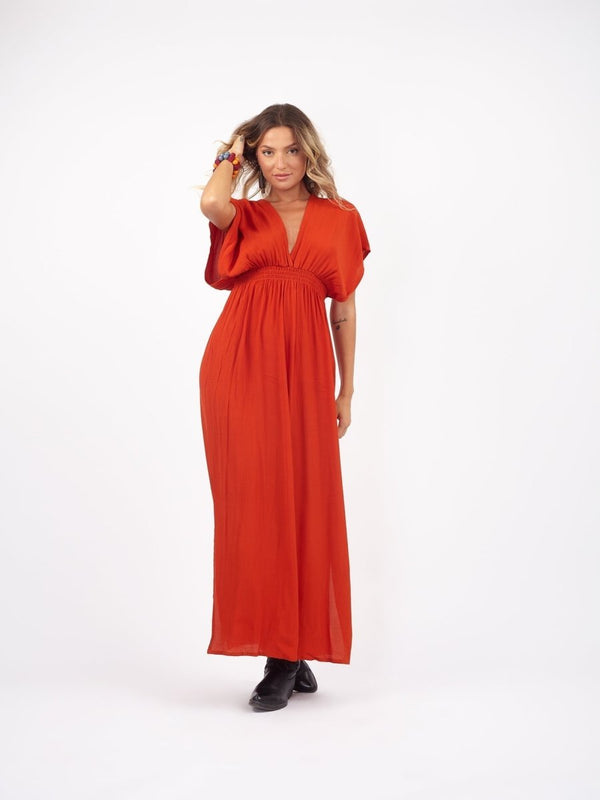 Vestito lungo scollo a V rayon Yulia - terracotta - Bijondo